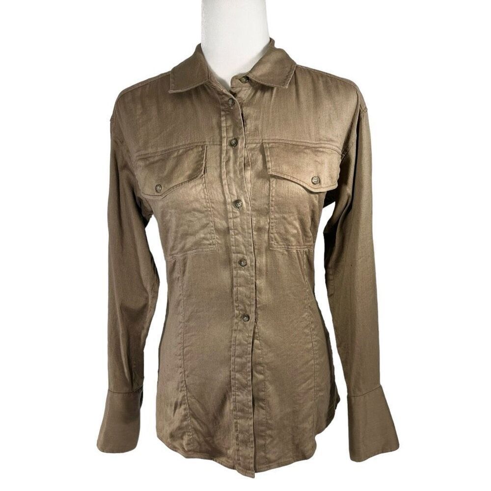 Frame Linen Blend Desert Brown Sz Small Arie Button Up Long Sleeve Stretch Top